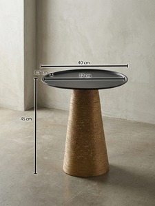 Modern <b>Round</b> Coffee <b>Table</b> With Rattan Base And Metal Top 40 Cm Diameter Minimalist Living Room Furniture - Product Image 1