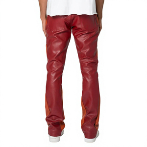 Pantalon de moto en cuir PU rouge pour homme, taille haute, fermeture éclair, plusieurs poches, coupe droite, coupe-vent, saison automne - Product Image 5