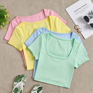 Camiseta Corta Informal para Mujer, Color Sólido, Vestido de Verano, Logotipo Personalizado, Camiseta Corta Informal Lisa para Mujer, Talla Grande - Product Image 2