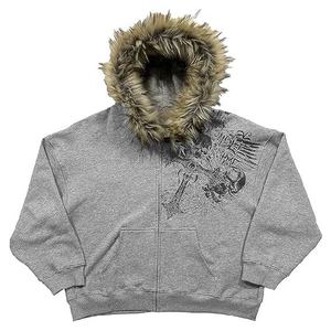 Sudadera con capucha y cremallera personalizada con gráfico Y2K, forro polar grueso de 400 g, estilo oversize de invierno con capucha de piel sintética, chaqueta streetwear para hombre - Product Image 1