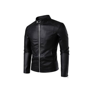 Blouson moto pour homme en cuir PU marron avec fermeture éclair et poches, coupe classique, style automne - Product Image 3