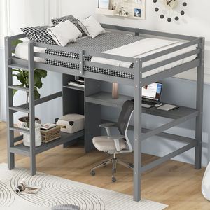 Full Size Gray Loft <b>Bed</b> with Multifunction Shelves and <b>Underbed</b> Desk for Small Spaces - Product Image 3