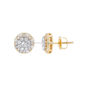 Boucles d'oreilles clous en or massif 10 carats avec diamants naturels taille brillant de 0,67 ct, grappe hexagonale, luxe minimaliste pour femme, mariage et fiançailles - Product Image 1