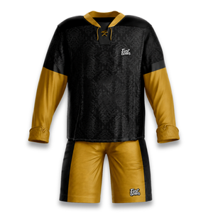 Custom Ice Hockey Jersey Set Sublimated Full Sleeve <b>Moisture</b> Wicking Men's Uniform Black Gold Geometric Pattern - Product Image 1