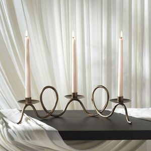 Support de bougie en verre incurvé doré à 5 branches, style hurricane, en métal, pour chemin de table, centre de table, décoration intérieure - Product Image 3