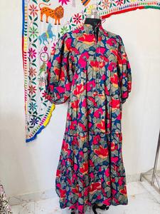 Vestido Babydoll de Algodón con Estampado Floral, Mangas Abullonadas, Estilo Smock, Silueta en A, Cintura Imperio, Mini Vestido Boho - Product Image 5