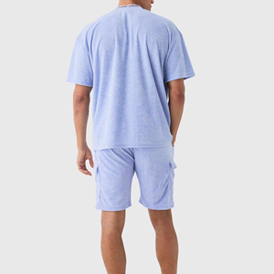 New Arrival Men's Light Blue Cotton Terry T-Shirt Set Crew Neck Solid Color Casual Summer Shorts Breathable Knitted Fabric - Product Image 2