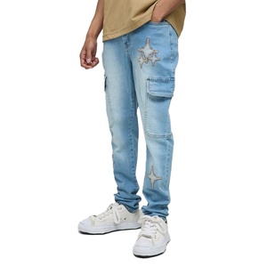 Pantalon cargo en jean délavé pour homme, coupe slim, taille mi-haute, broderie géométrique étoile, décontracté, pour le printemps - Product Image 1
