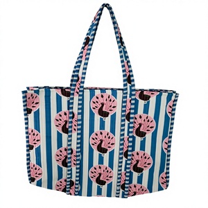 Blue Striped <b>Peacock</b> Print Cotton Tote <b>Bag</b> Large Capacity Reusable Shopping <b>Bag</b> Eco Friendly Women Shoulder Handbag - Product Image 2
