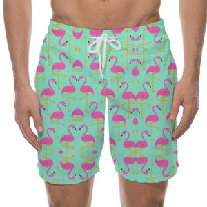 Shorts de Baño para Hombre, Estampado de Flamencos, Cintura Baja, Secado Rápido, Cordón Ajustable, Color Verde Menta y Rosa - Product Image 1