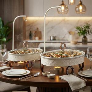 Luxury Arabic Round Chafing Dish Hanging Glass Lid Wooden <b>Ring</b> Accent Ramadan Buffet Server Soup Warmer Single Unit - Product Image 4