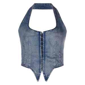 Haut en jean asymétrique bleu délavé de qualité supérieure pour femme, avec col halter, fermeture éclair avant et ourlet asymétrique, style corset - Product Image 1