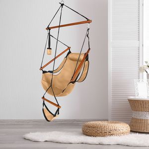 Sedia Sospesa in Tessuto Oxford per Cortile e Spiaggia, Capacità 100kg, Marrone con Asta in Legno Forata e Portabicchieri - Product Image 3