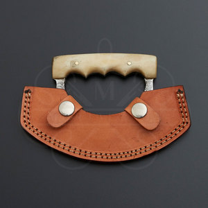 Couteau Ulu en acier Damas fait main sur mesure, manche en os de vache avec étui en cuir, couteau de chef pour hacher et couper, couteau à pizza - Product Image 3