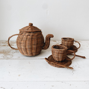 Juego de Té de Mimbre Marrón Vintage, Tazas y Tetera, Juguetes de Cocina para Jugar a las Casitas, Juego de Té en Miniatura Hecho a Mano, Vajilla de Juguete - Product Image 4