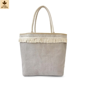 Wholesale <b>Large</b> Grey Fringed PP Laminated Jute <b>Beach</b> Tote <b>Bag</b> Rope Handles Custom Logo Eco Friendly Reusable Shopping Travel <b>Bag</b> - Product Image 1