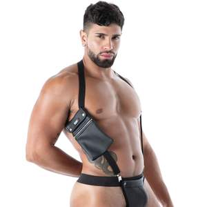 Harnais de poitrine en similicuir noir avec poches zippées, respirant, grande taille, pour hommes, style sexy - Product Image 1