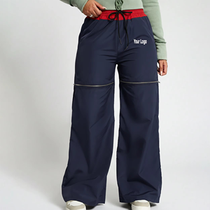 Pantalon large bleu marine pour femme, taille haute, cordon de serrage, coupe décontractée, longueur complète, avec poches et logo sur la jambe droite - Product Image 4