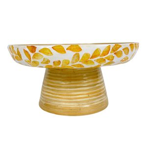 Bol de fruits rond en bambou fait à la main avec piédestal d'incrustation de Capiz de feuille jaune pour la décoration intérieure de cuisine pour les fêtes - Product Image 3
