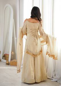 Beige Indian Pakistani Set Embroidered Tassel Top Wide Leg Pants <b>Shawl</b> <b>Wedding</b> Festival Wear - Product Image 4