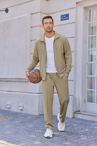 Men's Khaki <b>Tracksuit</b> Set Full Sleeve Zipper Casual Sweatshirt Pants Solid Color Breathable <b>Polyester</b> Cotton Autumn Wear - Product Image 2