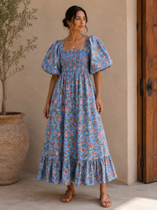 Floral Print A-Line Maxi Dress Smocked Square Neck Puff Sleeve Casual Summer Women Dress - Product Image 6