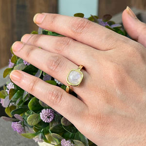Natural Iridescent Moonstone Cushion Stone Resizable <b>Ring</b> 18k Gold Plated Modern Bezel Set Brass Minimalist Everyday Fashion - Product Image 5