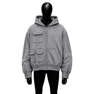 PREMIUM QUALITY GREY OVERSIZED <b>ZIP</b> <b>UP</b> HOODIE WITH UTILITY POCKETS Casual Cotton French Terry HEAVYWEIGHT OVERSIZED HOODIE Autumn - Product Image 1