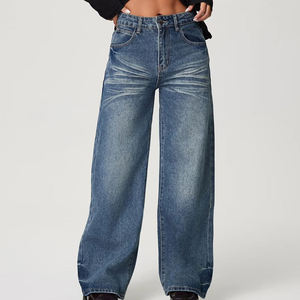Pantalon en jean taille haute à jambe large, bleu délavé moyen, longueur intégrale, fermeture boutonnée, style décontracté, tissu 100% coton tissé - Product Image 3