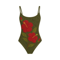 Maillot de bain une pièce brodé main avec perles et motif palmier, coupe moulante, col carré, pour femme - Collection été - Grande Vente