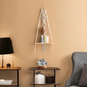 Handwoven Macrame Wall <b>Shelf</b> Set With Wooden Platform Display <b>Shelf</b> For Small Plants Succulents And Indoor Greens From India - Product Image 4