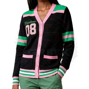 Cárdigan Personalizado Sorority Alpha AKA Inspirado en el Diseño Original, con Letras Bordadas en Chenilla Negra y Verde, Logotipo Frontal Acrílico Sólido para Mujer, Estilo Griego - Product Image 1