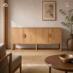 Buffet en teck massif Japandi, armoire de rangement en bois à 4 portes pour salon, hôtel, villa - Product Image 1
