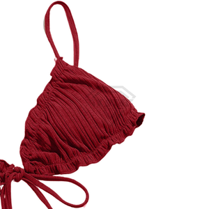 Women's Red Ribbed <b>Bikini</b> <b>Set</b> <b>Triangle</b> Top Tie Side Bottom Swimwear Stretch Beachwear Solid Color Knitted Two Piece <b>Set</b> - Product Image 4
