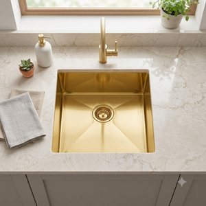 Évier de cuisine carré en laiton doré avec drain inférieur à rainure en X, vasque simple à encastrer sous plan, évier de préparation de bar en laiton brossé de luxe - Product Image 4