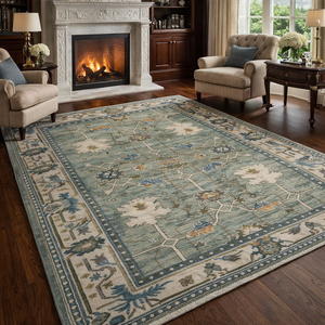 Alfombra de Lana Oushak Anudada a Mano, Color Verde Salvia y Azul Floral, Alfombra Turca - Product Image 2