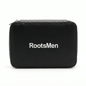 Rootsmen Custom Black Textured Leather Water Resistant Fashion Hanging Large Soft Lightweight Travel <b>Makeup</b> Skincare Bag Logo - Product Image 6