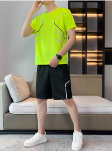 Ensemble T-shirt de tennis imprimé 3D vert citron à col en V et short noir pour homme – Respirant, anti-humidité, coupe régulière, taille élastique – Idéal pour l'été - Product Image 6