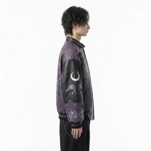 Men's <b>Gothic</b> Cowhide Leather Streetwear Bomber <b>Jacket</b> Hand Embroidery Geometric Pattern Zipper Closure Stand Collar Winter Style - Product Image 3