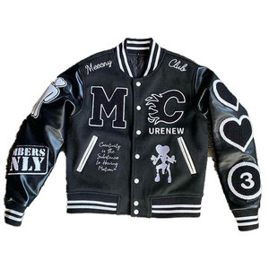 Veste universitaire pour homme en cuir PU noir avec patch brodé, design streetwear, vêtements d'automne - Product Image 1