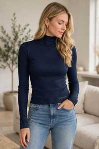 Oneten Apparels <b>Women</b> <b>Navy</b> Long Sleeve Turtleneck <b>Top</b> Casual Solid Knitted Jersey Tee - Product Image 5