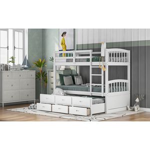 Letto a castello in legno bianco con due letti singoli, letto estraibile e cassetti - Prodotto per camere dei bambini - Product Image 6