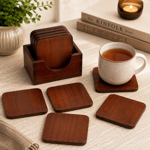 Square <b>Wooden</b> Coaster <b>Set</b> of 6 | Brown Wood Drink Coasters | <b>Tea</b> Cup, Coffee Mug & Glass Coasters | Dining Table - Product Image 1
