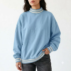 Pull molletonné oversize pour femme à col montant, en tissu brossé épais, avec ourlet côtelé, manches longues, style universitaire - Product Image 1