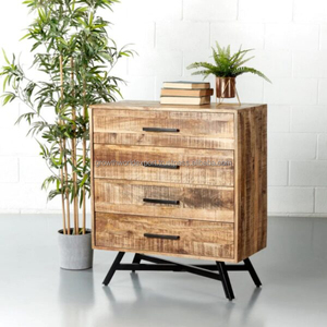 Meuble bar en bois style loft urbain avec base en métal industriel, finition chêne rustique, coffre de rangement pour spiritueux - Unité à 4 tiroirs - Product Image 1