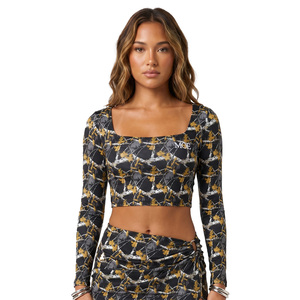 Custom Printed Crop Top Square Neck women's shirt Casual Blouse Full Sleeves Knitted Spandex Polyester All Seasons Trendy Wear - Product Image 1