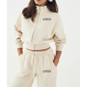 <b>Women's</b> Winter Vintage 2 Piece Tracksuit Set Zip up Hooded Crop <b>Jacket</b> and Drawstring Full Length Sweatpants - Product Image 3