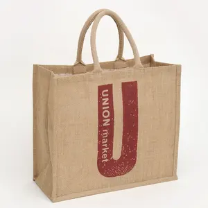 Preisgünstige einfache umweltfreundliche modische Jute-Einkaufstasche benutzerdefiniertes Logo gedruckte wiederverwendbare Strand-Lebensmittel-Einkaufstaschen Jute-Tote-Taschen