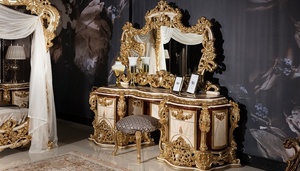 Luxury Royal Mahogany Wood <b>Bedroom</b> Set Gold Carved Four Poster Canopy King Bed with Wardrobe Nightstands and <b>Dressing</b> <b>Table</b> - Product Image 5