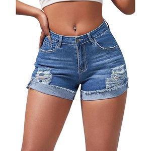 Short en jean déchiré taille haute, délavage usé, ourlet effiloché, cinq poches, style décontracté, tissu en coton bleu - Product Image 1